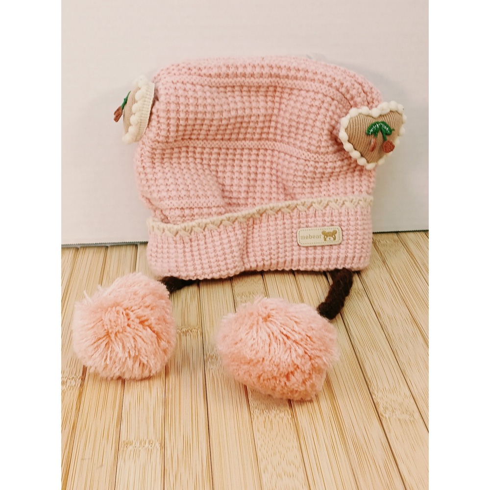 Mebear Infant Pink Knit Beanie Hat Heart Cherry Embroidery Braided Pom Poms NEW